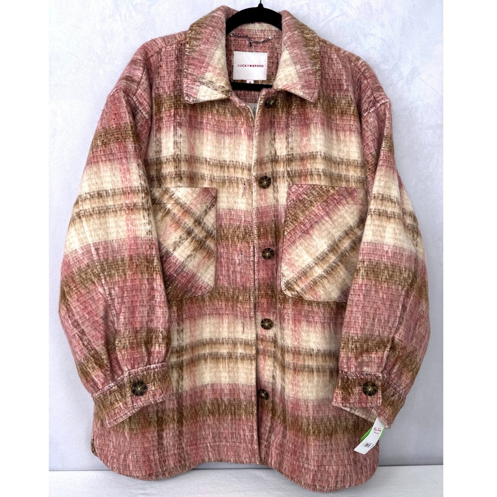 NWT Lucky Brand Women Pink Plaid Shacket Oversized Button Down Shirt Jacket M